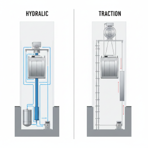 A side-by-side technical diagram comparing a Hydraulic elevator system, which uses a fluid pump and piston to lift the cab, with a Traction elevator system, which uses a motorized overhead sheave, cables, and a counterweight.