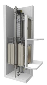 A 3D architectural cutaway diagram of a Machine Room-Less (MRL) elevator system, showing the elevator car, guide rails, and the compact motor assembly housed entirely within the lift shaft.